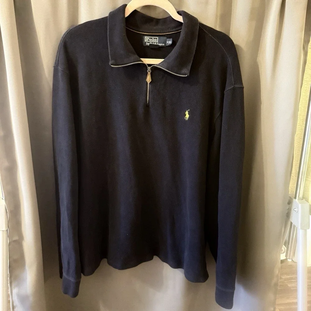 Polo Ralph Lauren 1/4 Zip Pullover Sweater Navy Blue Yellow Pony Men's Sz XXL